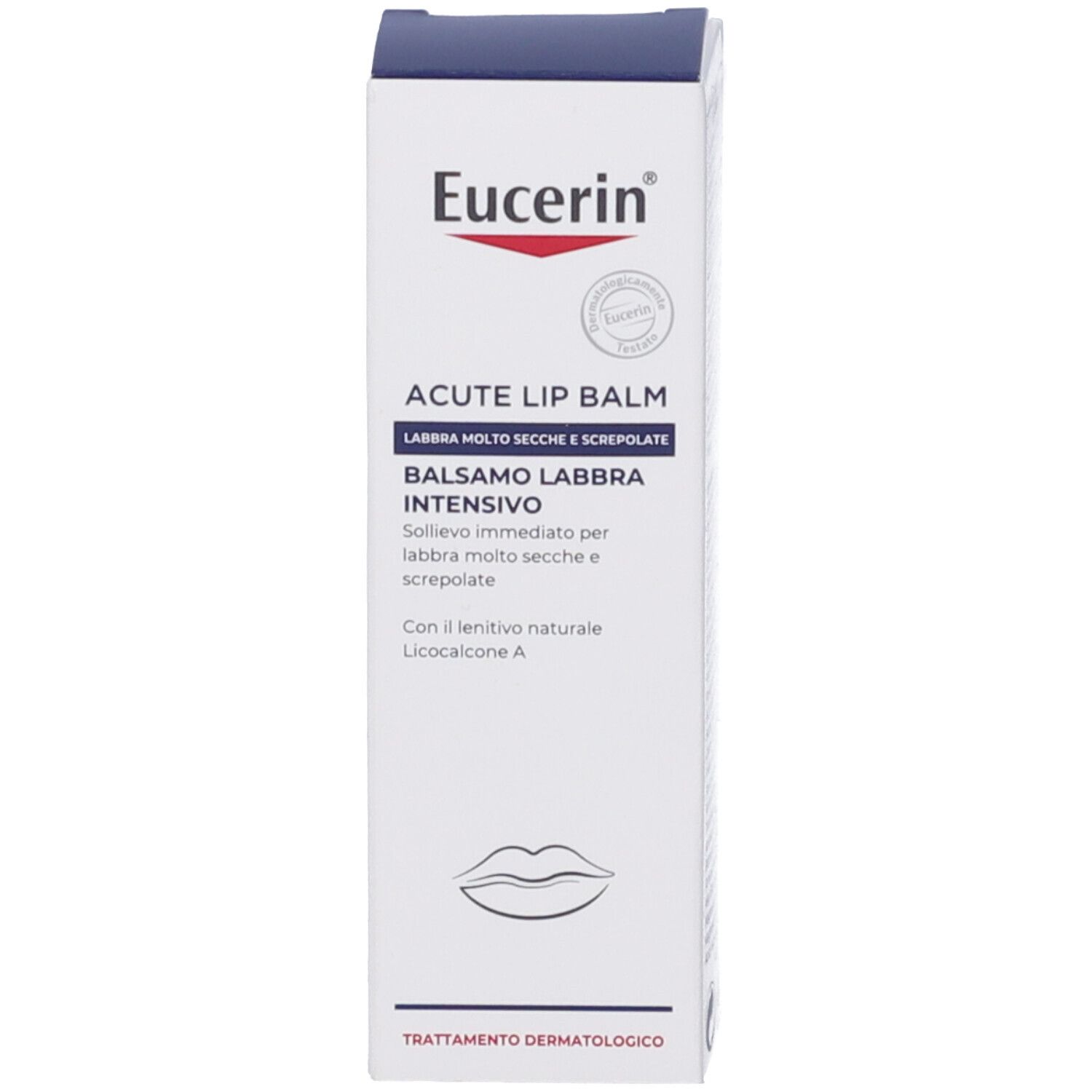 Weiße Schachtel mit blauer Schrift. Enthält Informationen zum Produkt. Marke Eucerin.