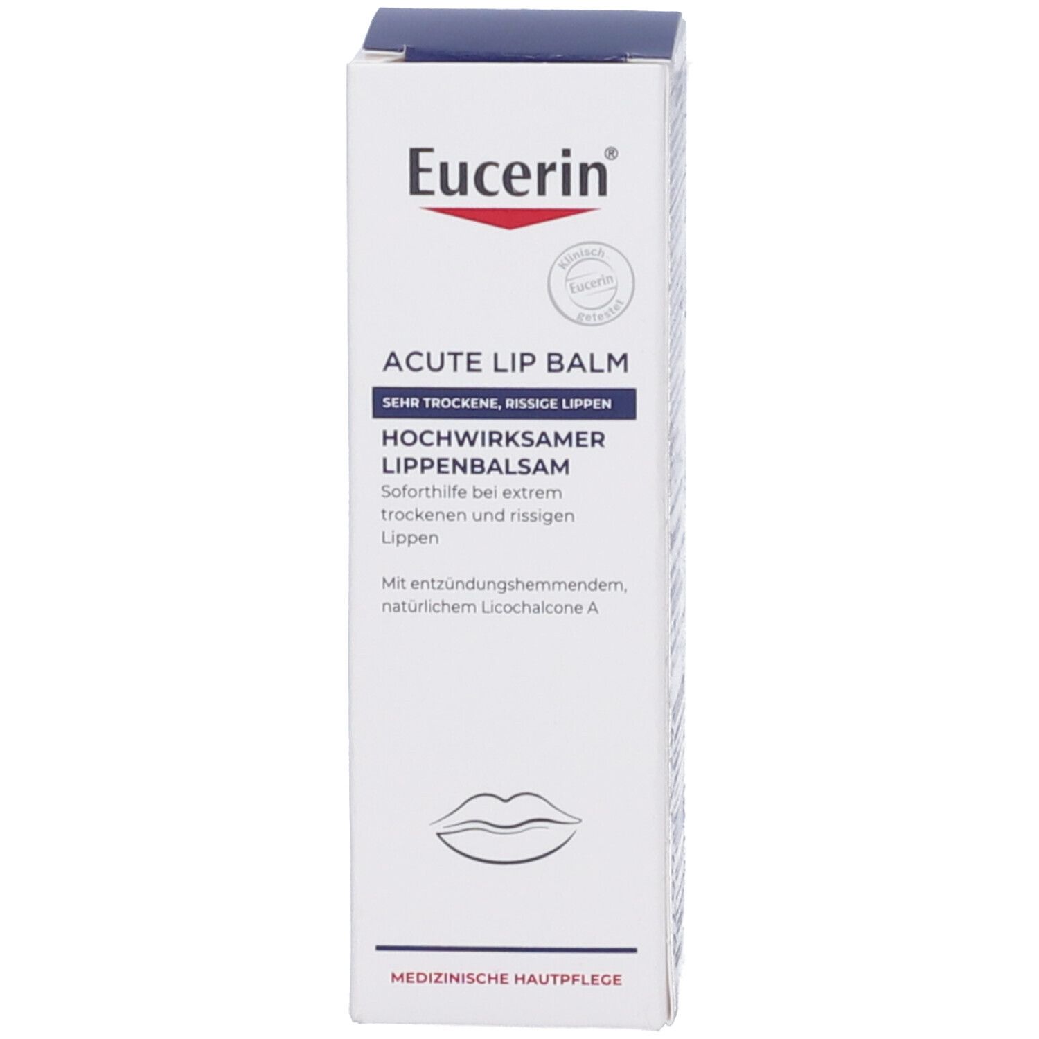 Weiße Schachtel mit blauer Schrift. Enthält Informationen zum Produkt. Marke Eucerin.