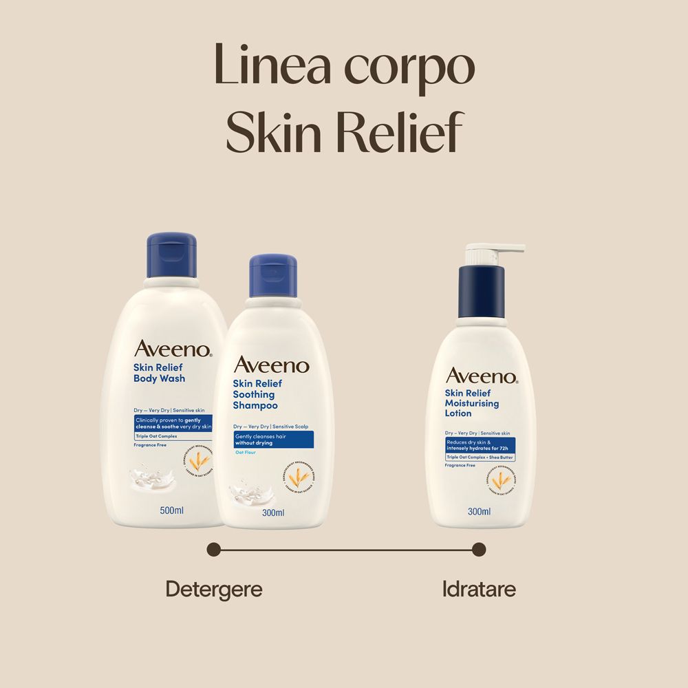 Drei Aveeno Skin Relief Produkte: Duschgel, beruhigendes Shampoo, feuchtigkeitsspendende Lotion.