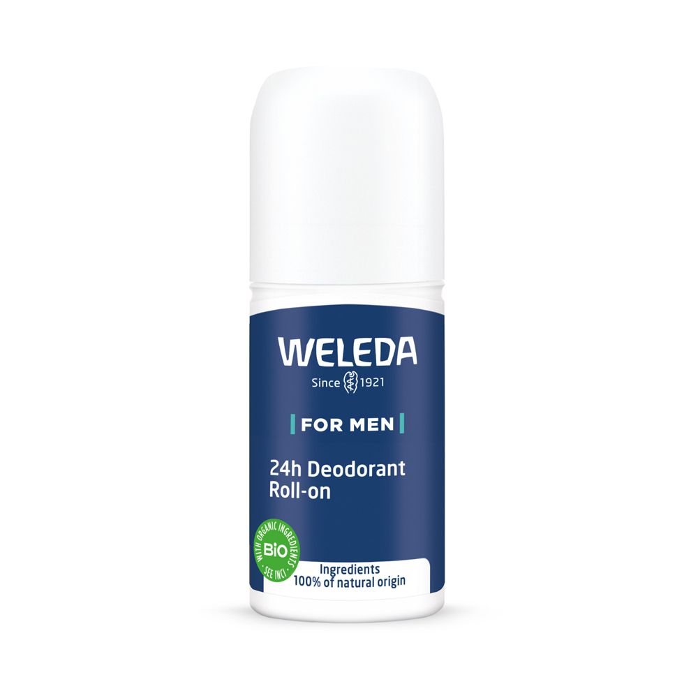 Weleda Men 24h Déodorant Roll-on. Bouteille blanche avec étiquette bleue. Texte: 24h Desodorante Roll-On, label Bio. Sans sels d'aluminium.