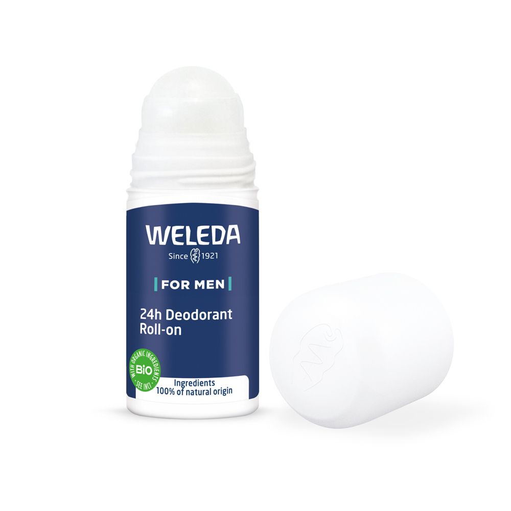 Weleda Men 24h Déodorant Roll-on. Bouteille blanche avec bouchon détaché. Étiquette bleue. Texte: 24h Desodorante Roll-On, label Bio.