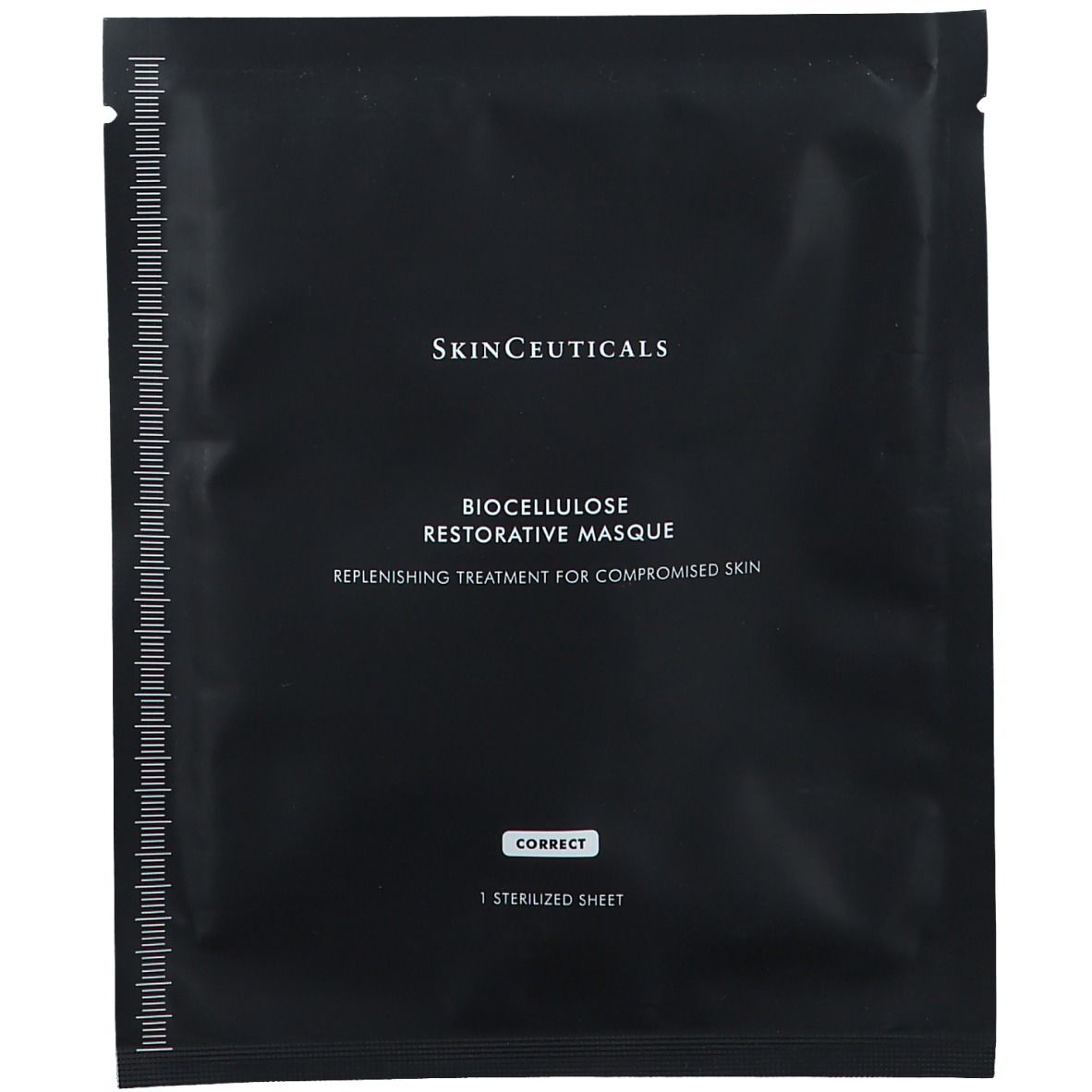 Schwarze Verpackung mit weißem Text. "SkinCeuticals" und "Biocellulose Restorative Masque" sind sichtbar.