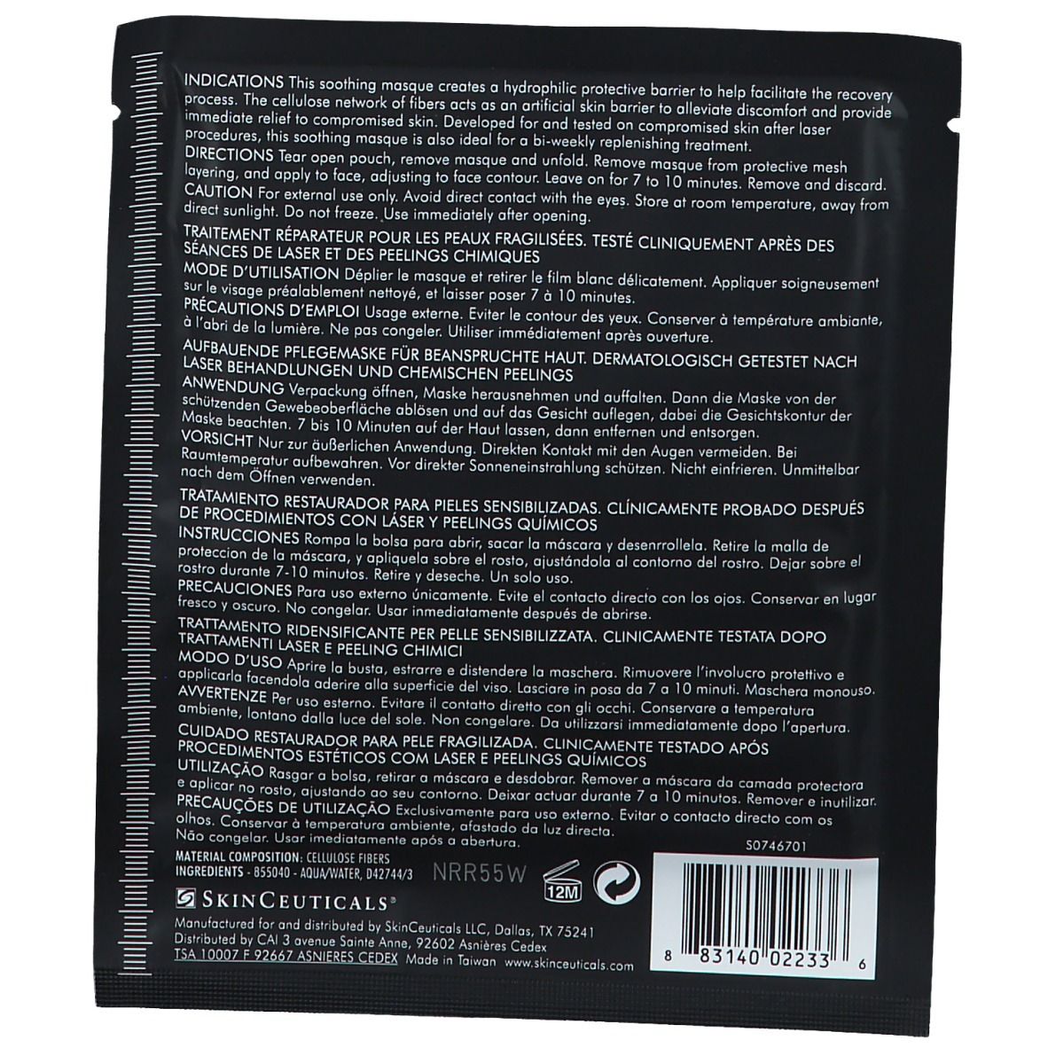 Rückseite der schwarzen Verpackung mit Text in mehreren Sprachen. "SkinCeuticals" und Produktinformationen sind sichtbar.