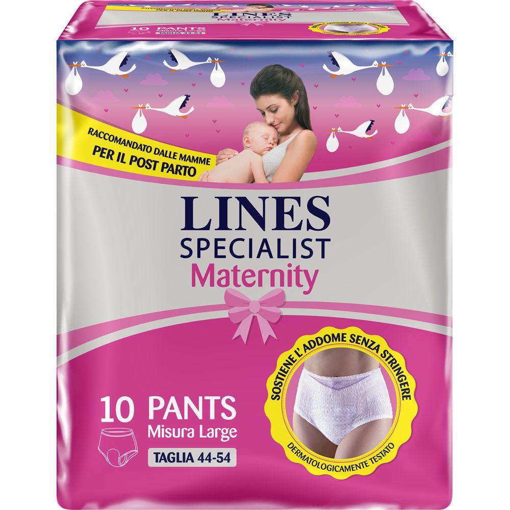 Paquet rose Lines Specialist Maternity Pants. 10 pièces, taille L. Image d'une mère et son bébé.
