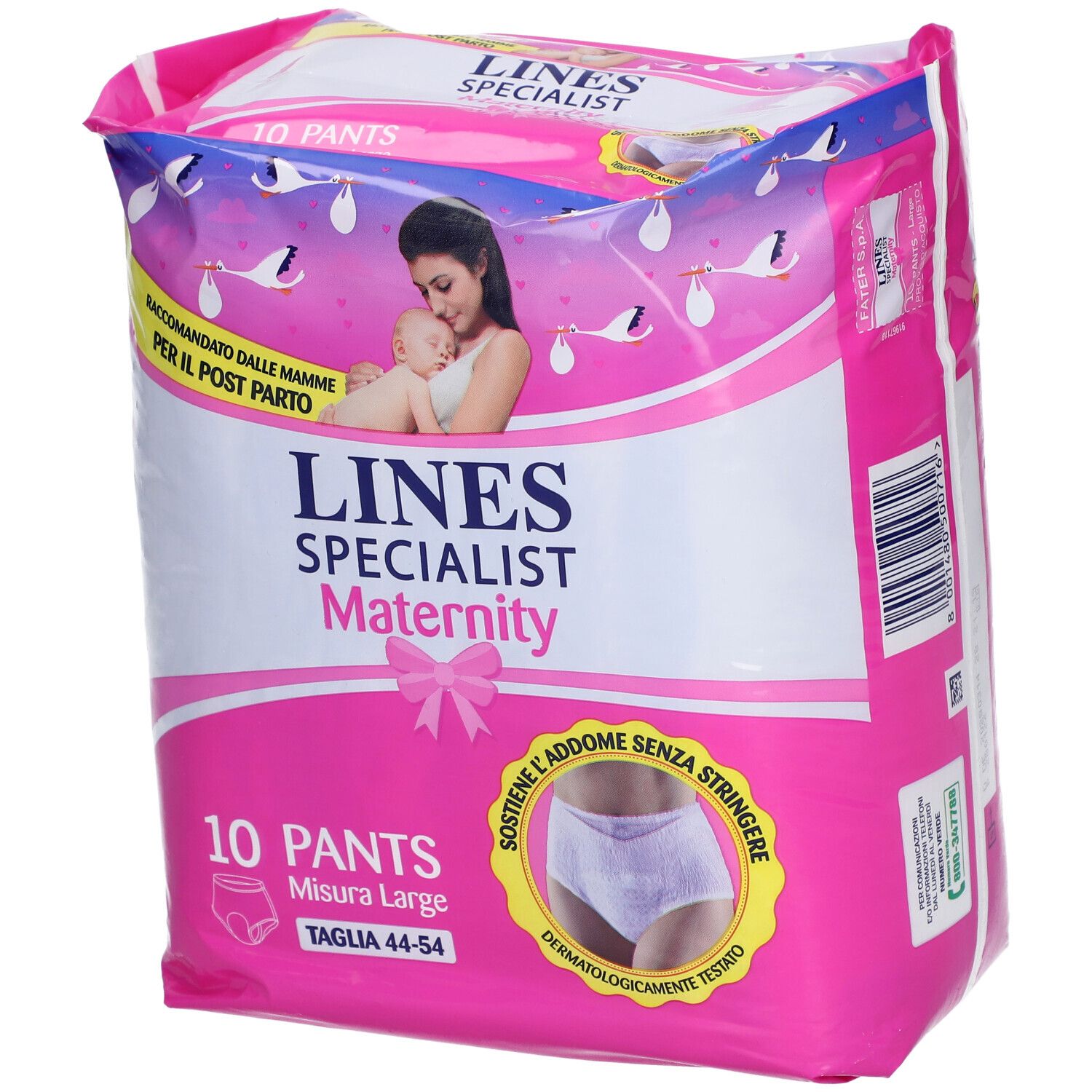 Paquet Lines Specialist Maternity Pants. 10 pièces, taille L. Emballage rose.