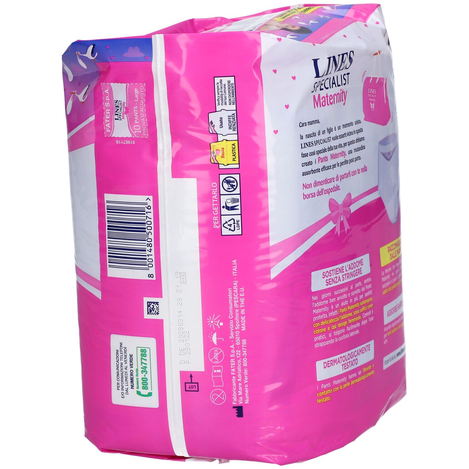 Paquet Lines Specialist Maternity Pants. Vue latérale avec texte et logo.