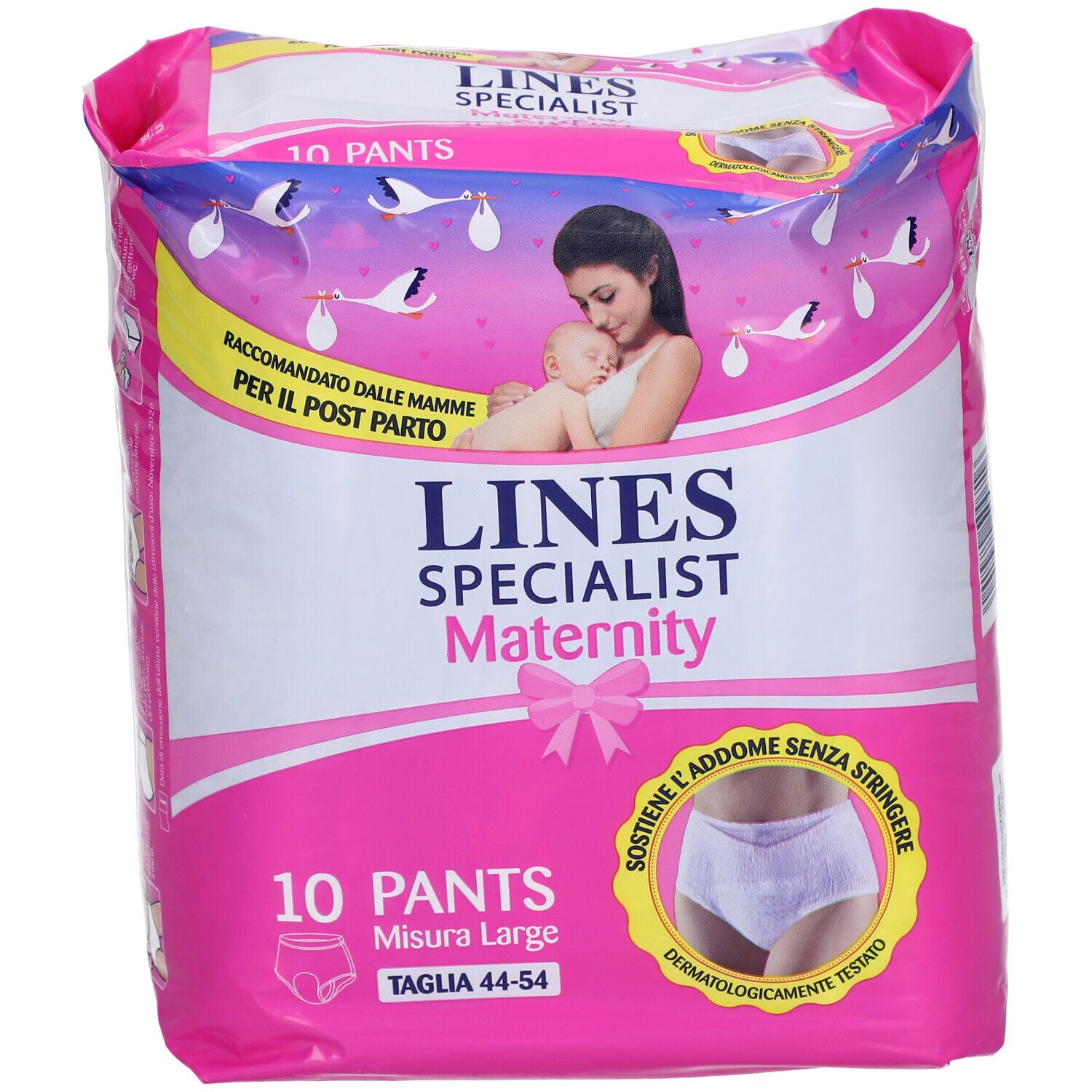 Paquet Lines Specialist Maternity Pants. Emballage rose. 10 pièces, taille L.