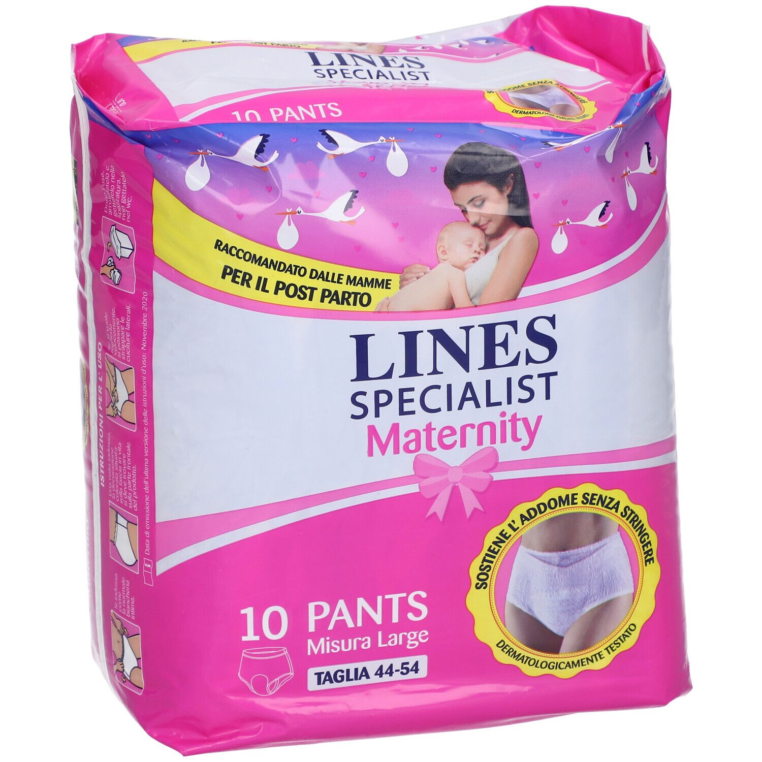 Paquet Lines Specialist Maternity Pants. Emballage rose. 10 pièces, taille L.