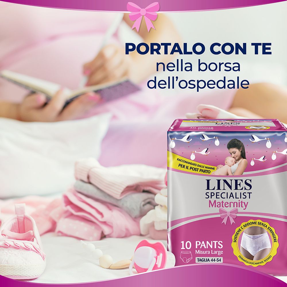 Paquet Lines Specialist Maternity Pants. Texte: Portalo con te nella borsa dell'ospedale. Accessoires bébé.