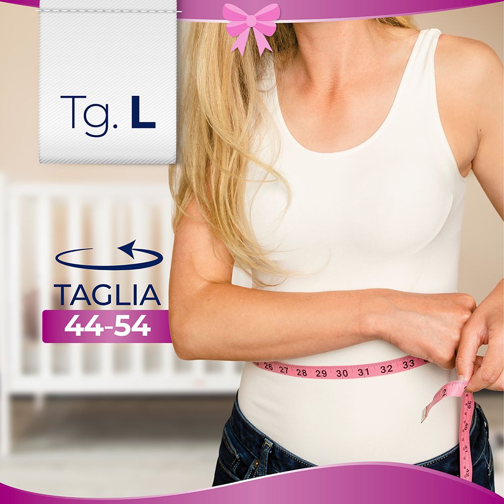 Femme mesure sa taille. Texte: Taglia 44-54. Étiquette avec Tg. L.