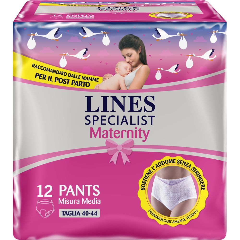 Paquet rose LINES SPECIALIST Maternity Pants. 12 unités, taille M, Taglia 40-44. Recommandé pour le post-partum.