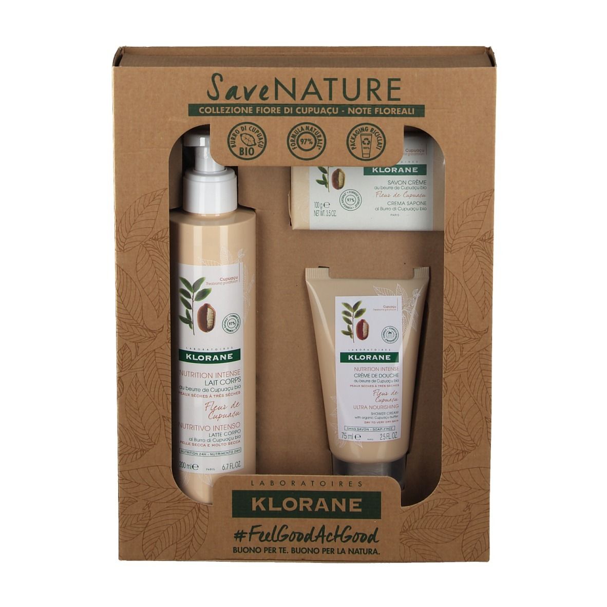 Coffret cadeau KLORANE avec lotion, crème et savon. Emballage en carton brun avec fenêtre.
