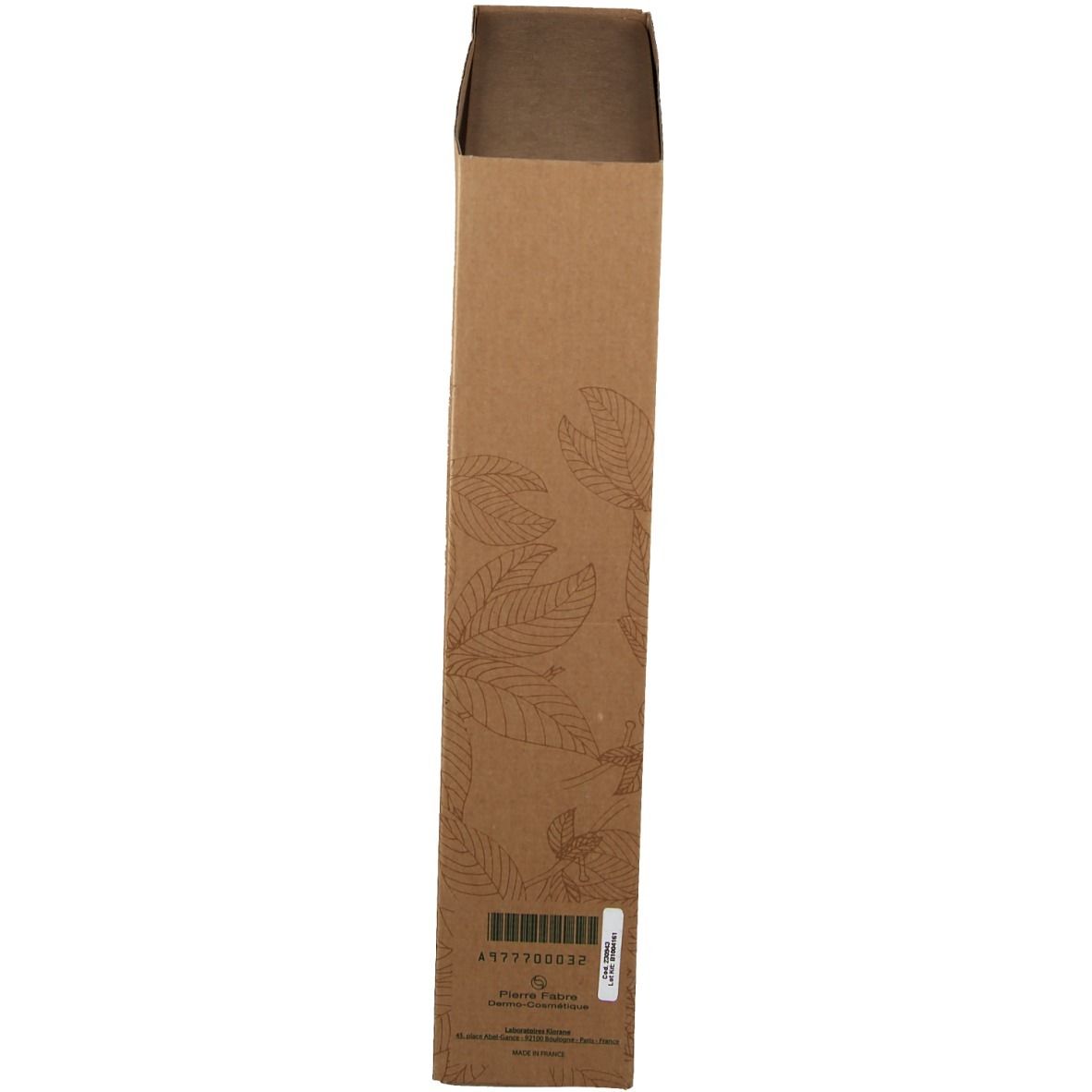 Emballage rectangulaire brun avec motif de feuilles. Code-barres et informations produit.
