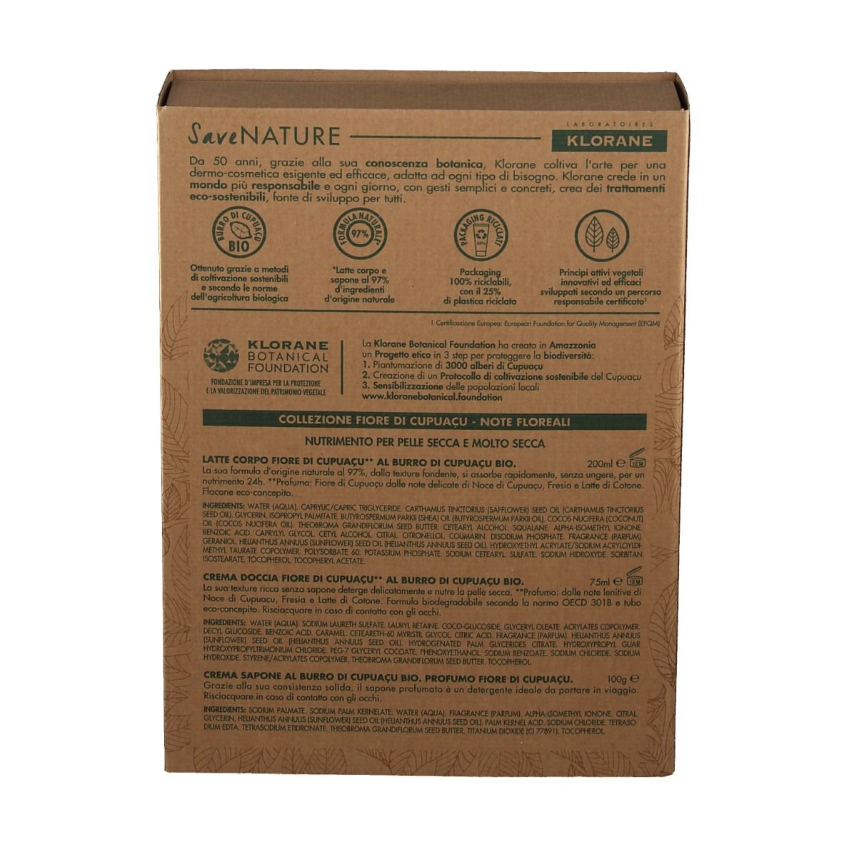 Dos du coffret cadeau avec informations produit et certifications. Texte en allemand, italien et français.