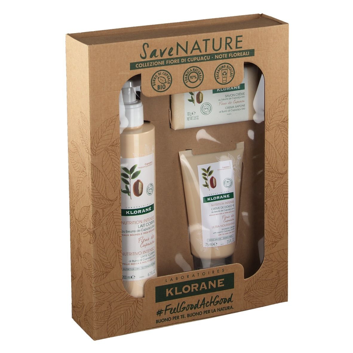 Coffret cadeau KLORANE avec lotion, crème et savon. Emballage en carton brun.
