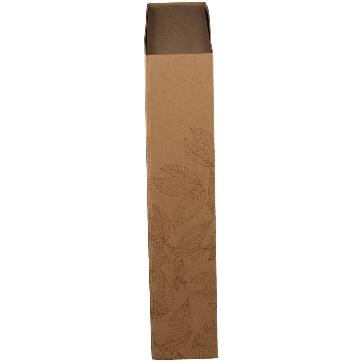 Emballage rectangulaire brun avec motif de feuilles. Dessus ouvert.