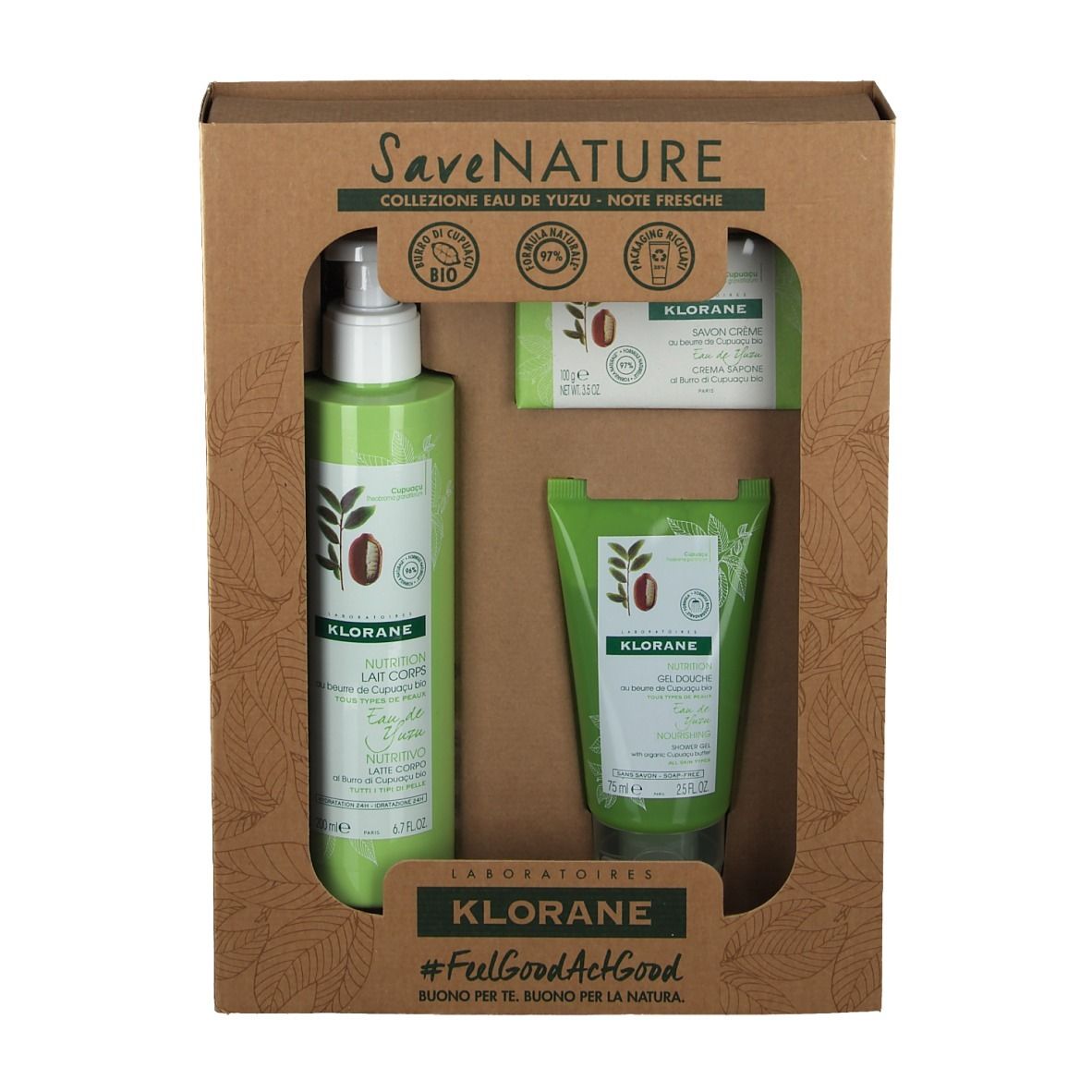 Coffret cadeau avec lotion, gel douche et savon. Flacons et tube verts dans un emballage marron.