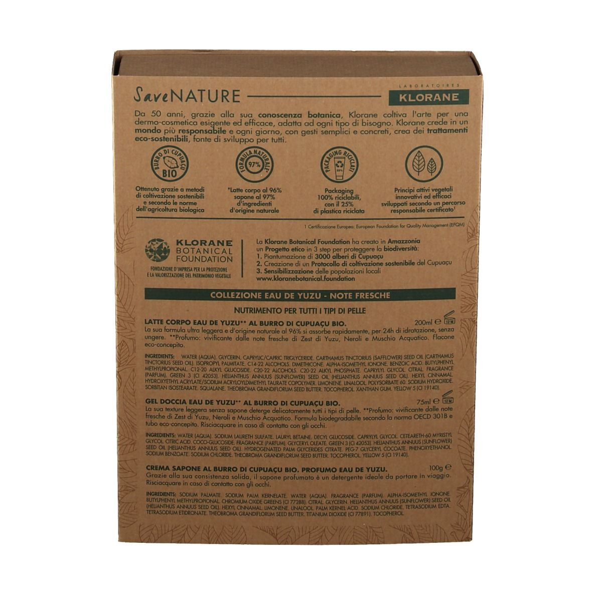 Dos de l'emballage avec texte et logos. Informations sur les ingrédients et les certifications.