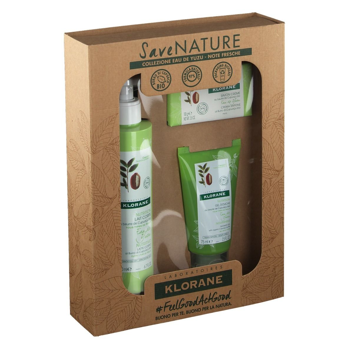 Coffret cadeau avec lotion, gel douche et savon. Flacons et tube verts dans un emballage marron.