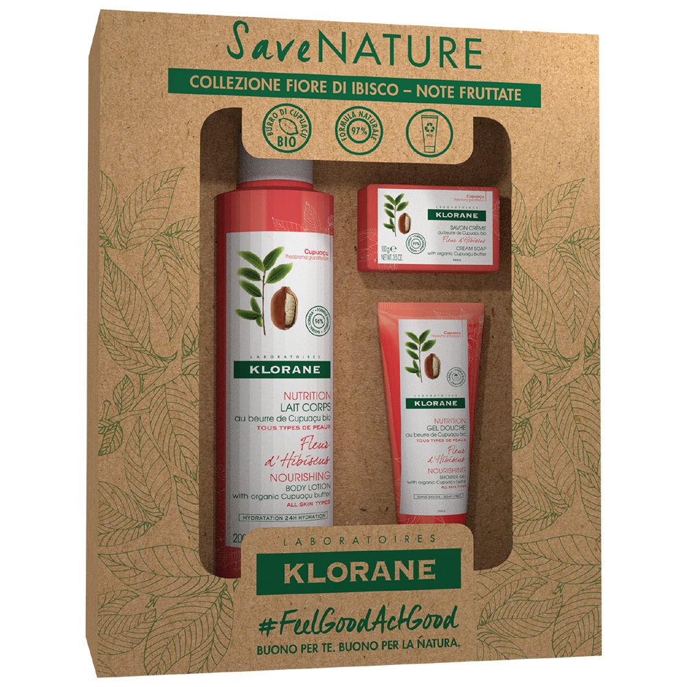 Coffret cadeau Klorane avec lotion, savon et crème pour les mains. Produits rouges dans emballage en carton. Marque Klorane.