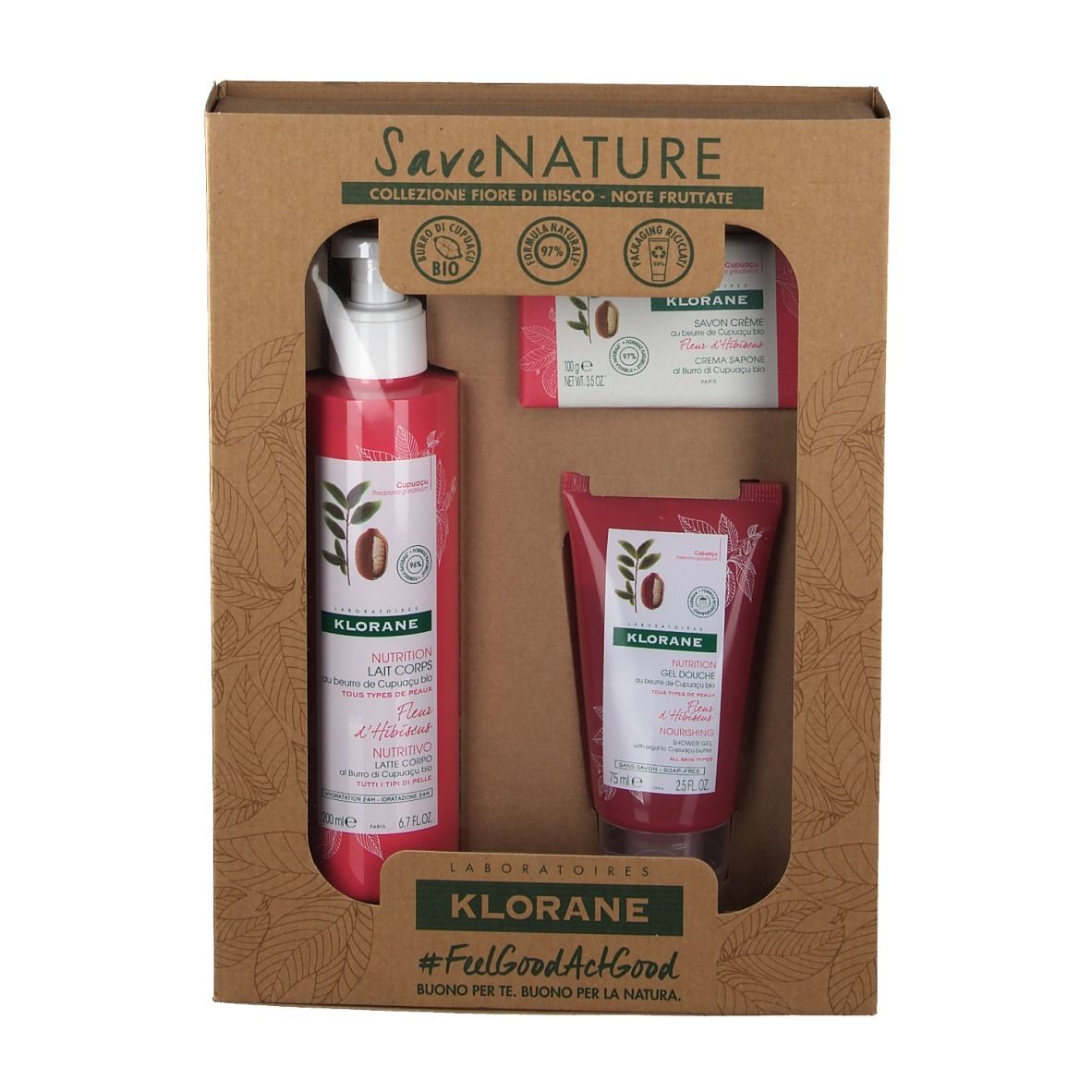 Coffret cadeau Klorane avec lotion, savon et crème pour les mains. Produits rouges dans emballage en carton. Marque Klorane.