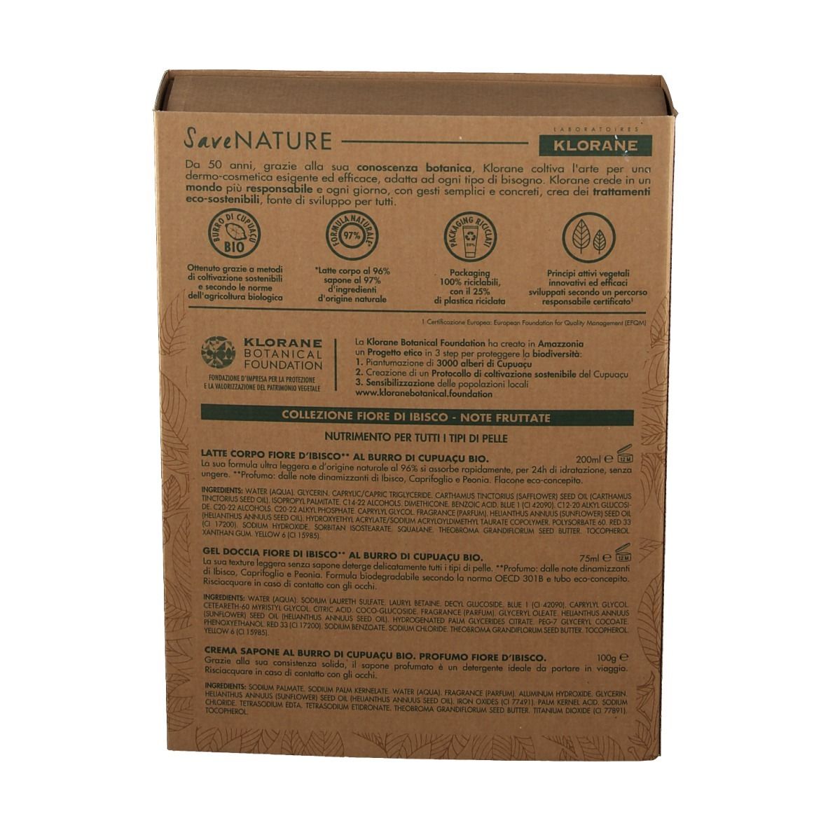 Dos du coffret cadeau. Texte multilingue. Informations sur les ingrédients, certifications et la marque Klorane.