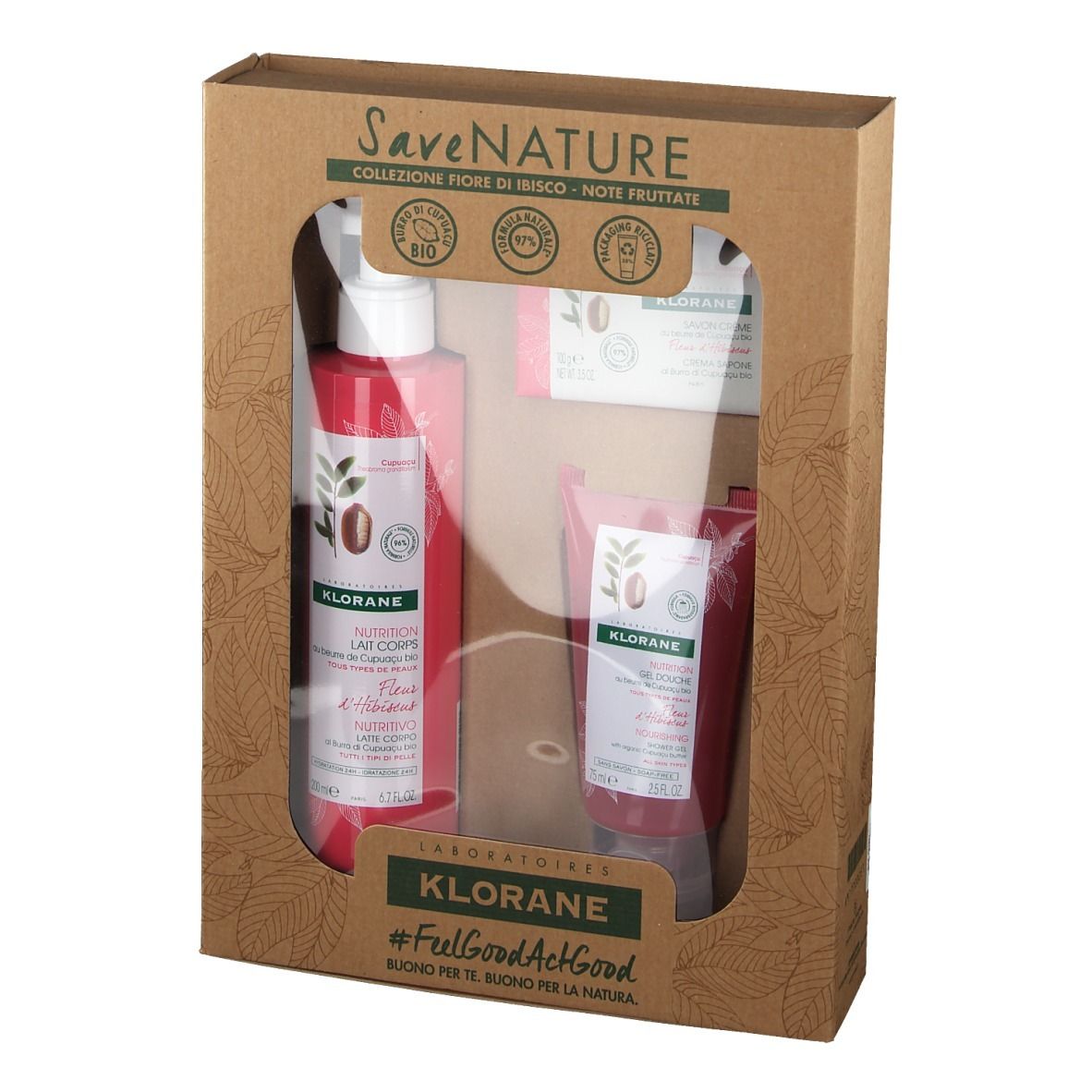Coffret cadeau Klorane avec lotion, savon et crème pour les mains. Produits rouges dans emballage en carton. Marque Klorane.