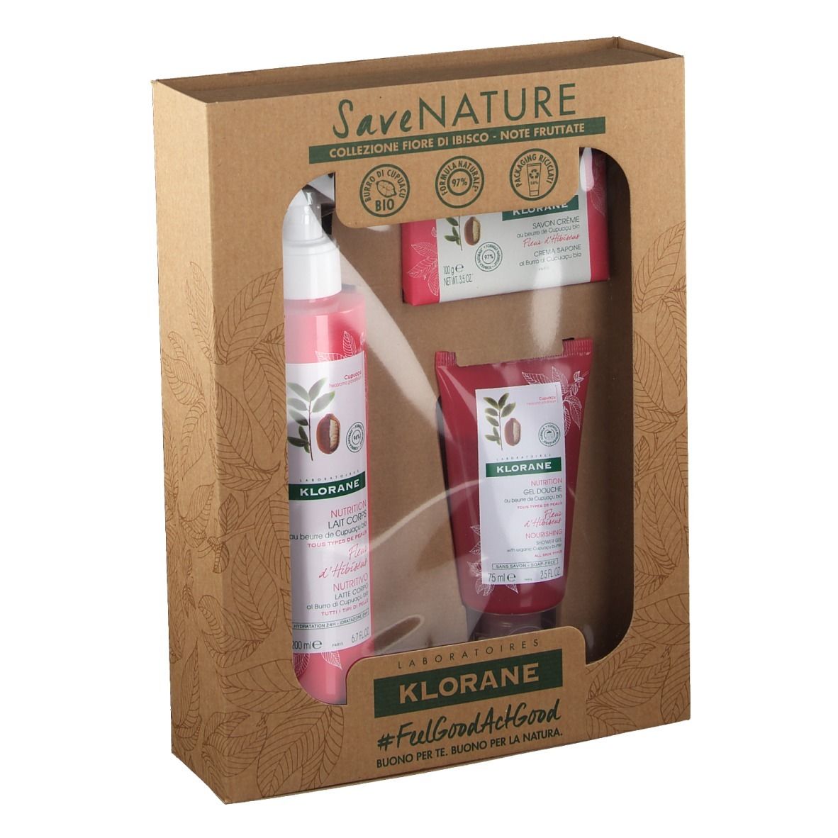 Coffret cadeau Klorane avec lotion, savon et crème pour les mains. Produits rouges dans emballage en carton. Marque Klorane.