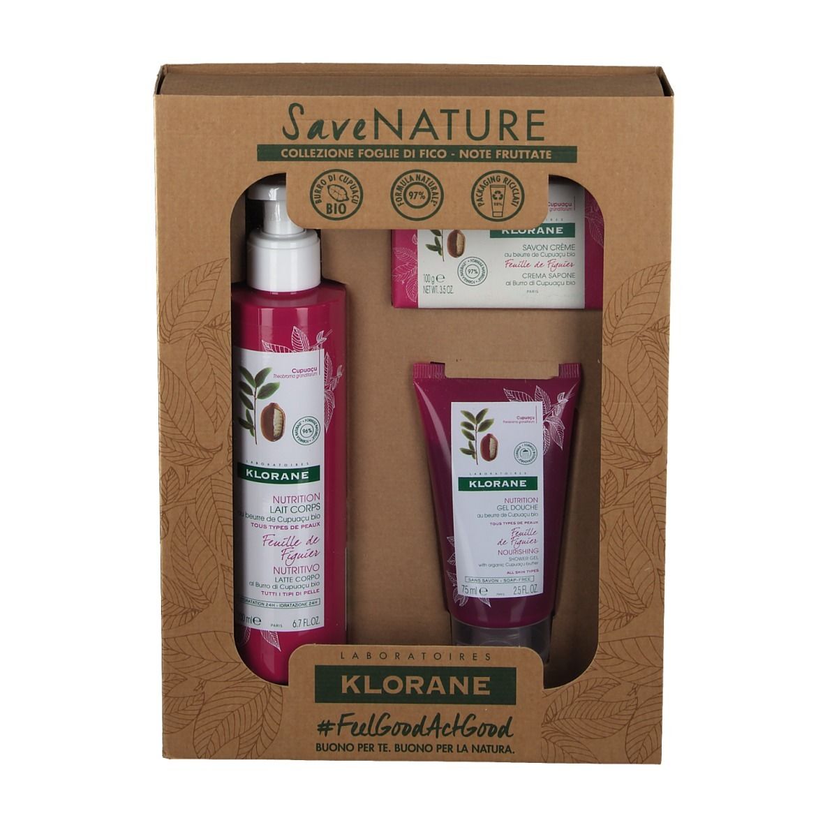 Geschenkset mit Körperlotion, Seife und Handcreme. Verpackt in einem braunen Karton mit Sichtfenster. Klorane-Logo.