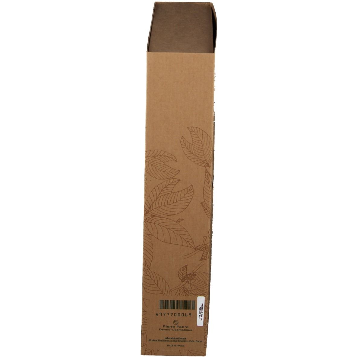 Braune Kartonverpackung. Blättermuster. Barcode und Produktinformationen auf weißem Etikett.