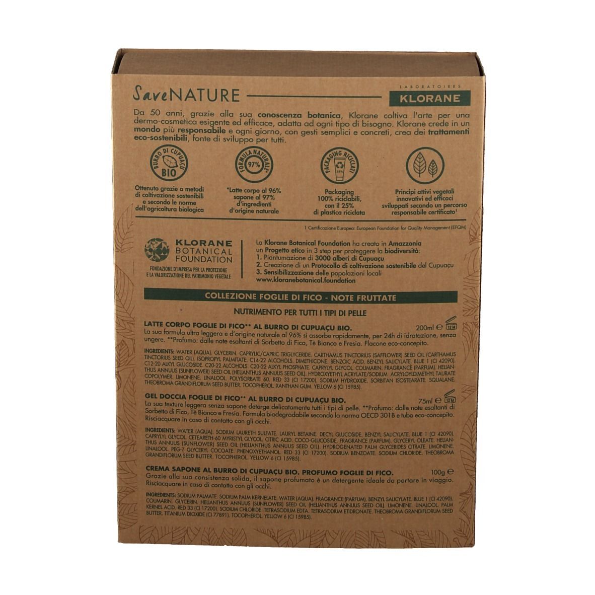 Rückseite der Geschenkbox. Text in Deutsch, Italienisch, Französisch. Informationen über Inhaltsstoffe und Marke.