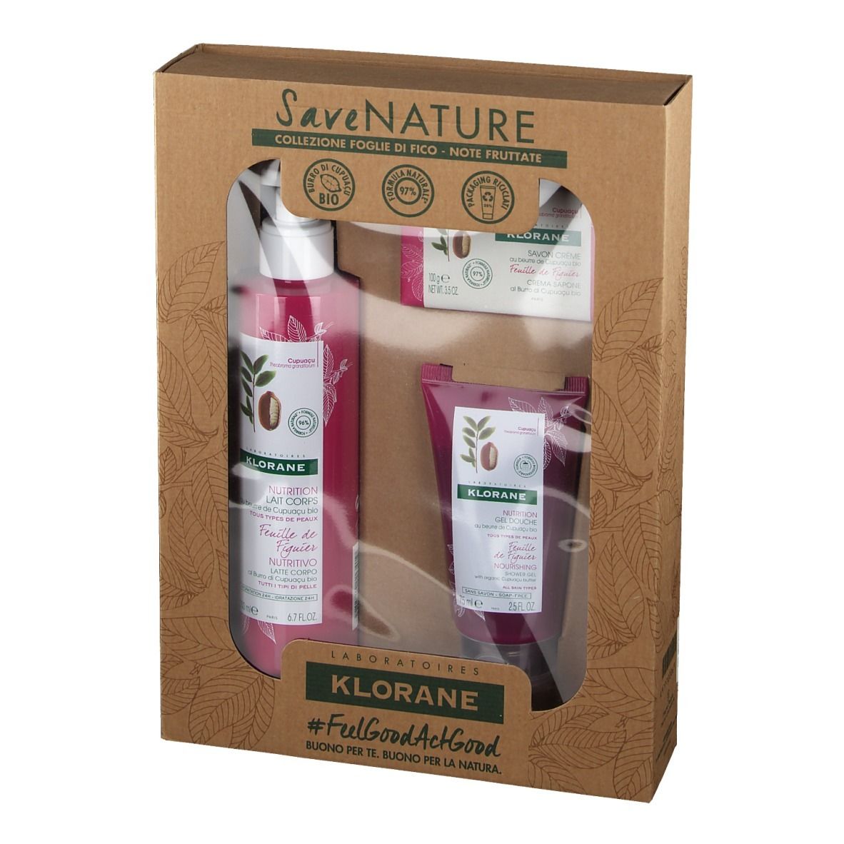 Geschenkset mit Körperlotion, Seife und Handcreme. Verpackt in einem braunen Karton mit Sichtfenster. Klorane-Logo.