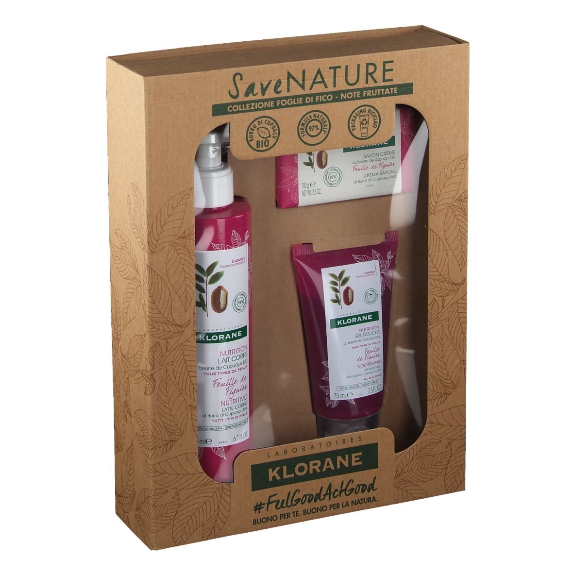 Geschenkset mit Körperspray, Seife und Handcreme. Verpackt in einem braunen Karton mit Sichtfenster. Klorane-Logo.