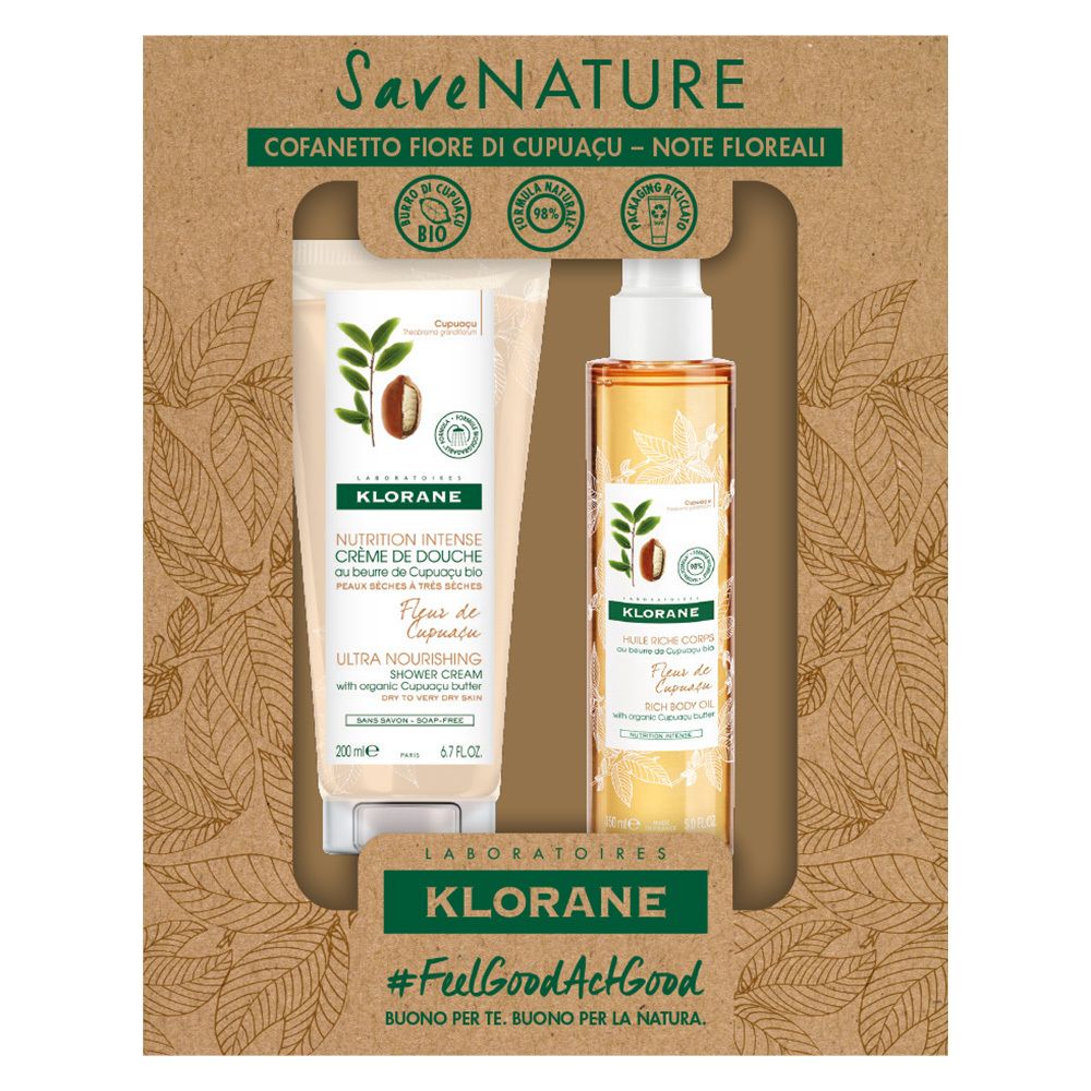 Coffret cadeau avec crème de douche et huile pour le corps. Les deux produits sont dans un emballage marron avec un motif floral.