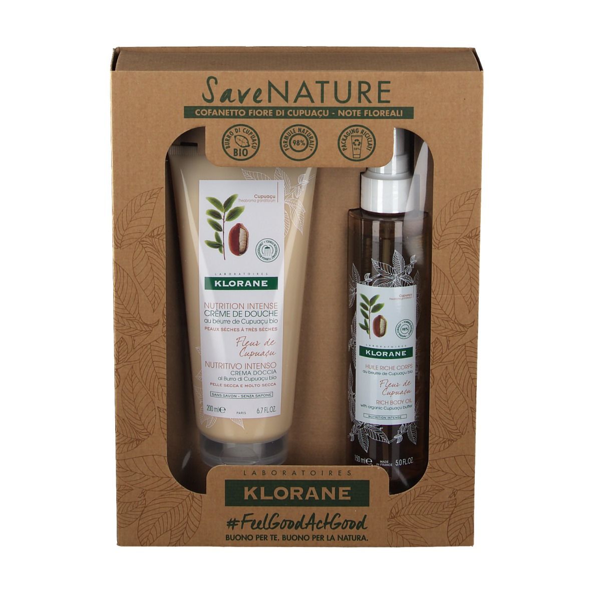 Coffret cadeau avec crème de douche et huile pour le corps. Les deux produits sont dans un emballage marron avec un motif floral.