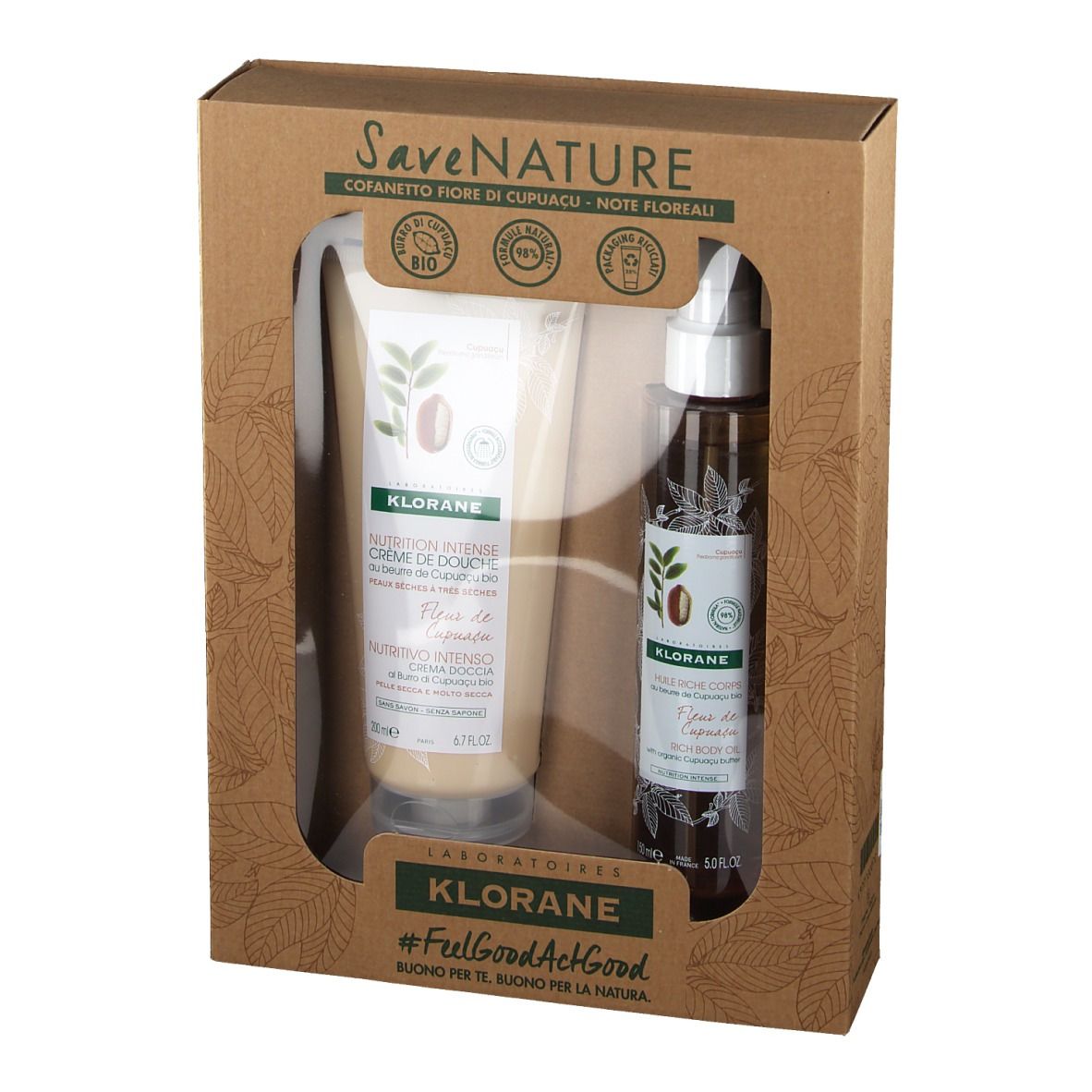 Coffret cadeau avec crème de douche et huile pour le corps. Les deux produits sont dans un emballage marron avec un motif floral.
