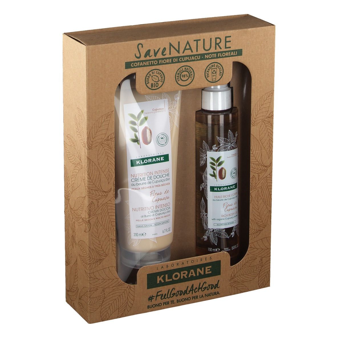 Coffret cadeau avec crème de douche et huile pour le corps. Les deux produits sont dans un emballage marron avec un motif floral.