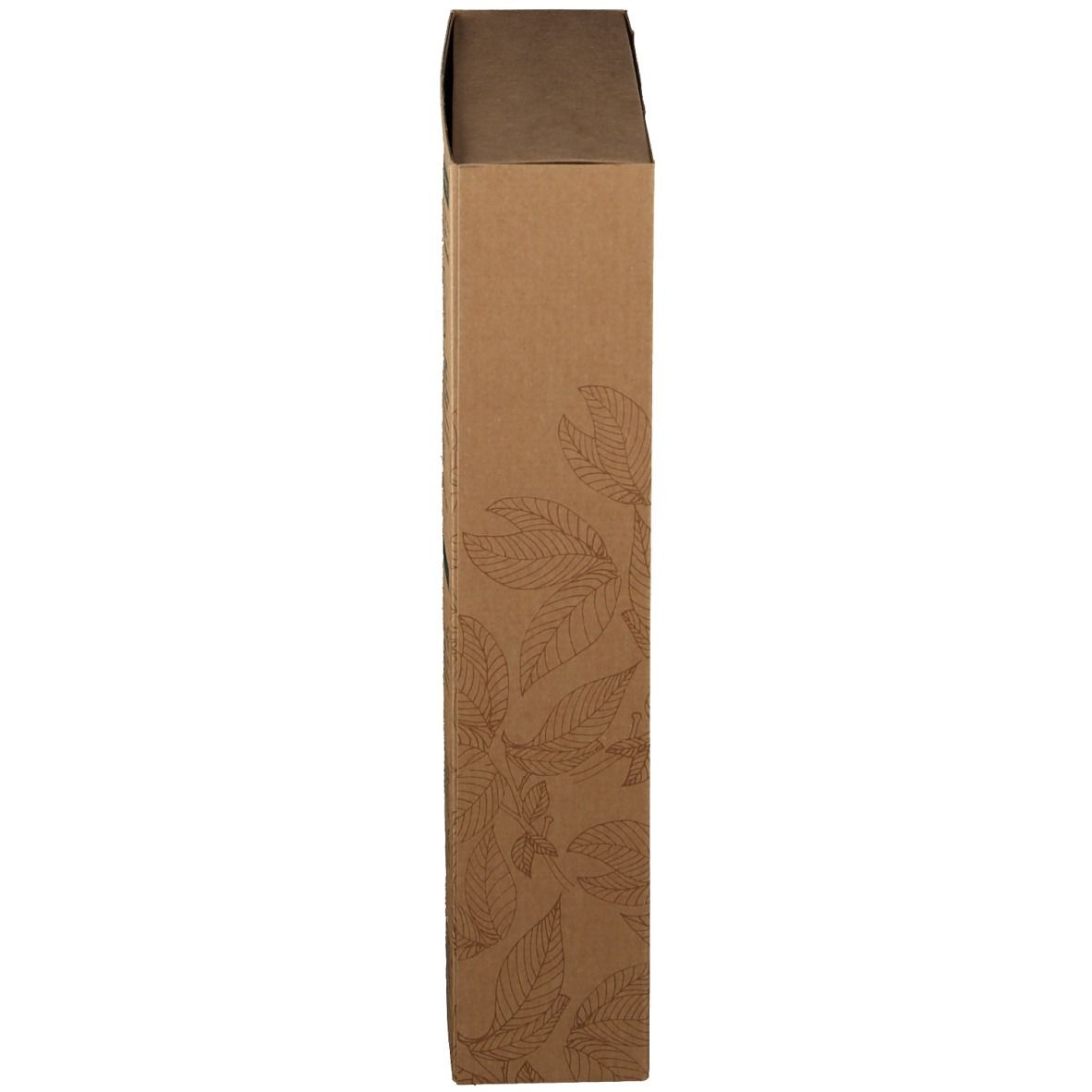 Emballage marron, allongé, avec un motif floral. Un code-barres et des informations sur le produit sont sur le côté.