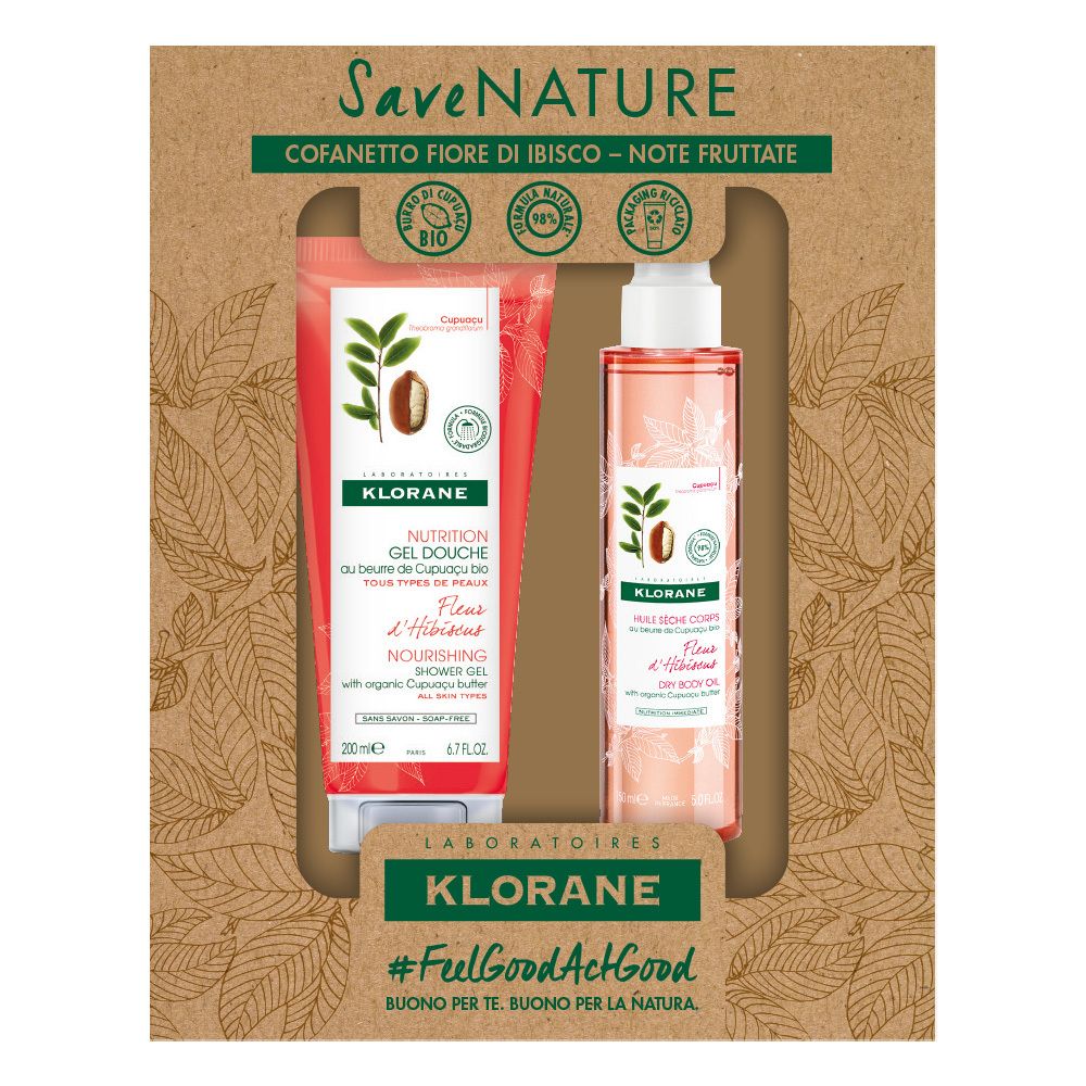 Geschenkset mit zwei Produkten: Duschgel und Körperspray. Beide in roten Tuben und Flaschen mit dem Logo.