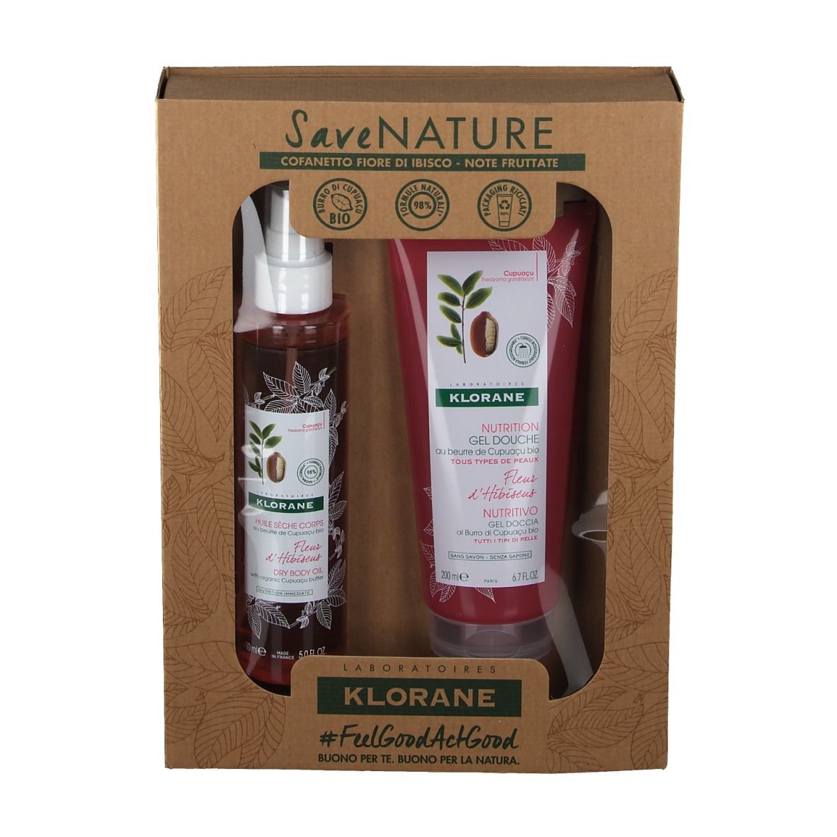 Geschenkset mit zwei Produkten: Duschgel und Körperspray. Beide in roten Tuben und Flaschen mit dem Logo.