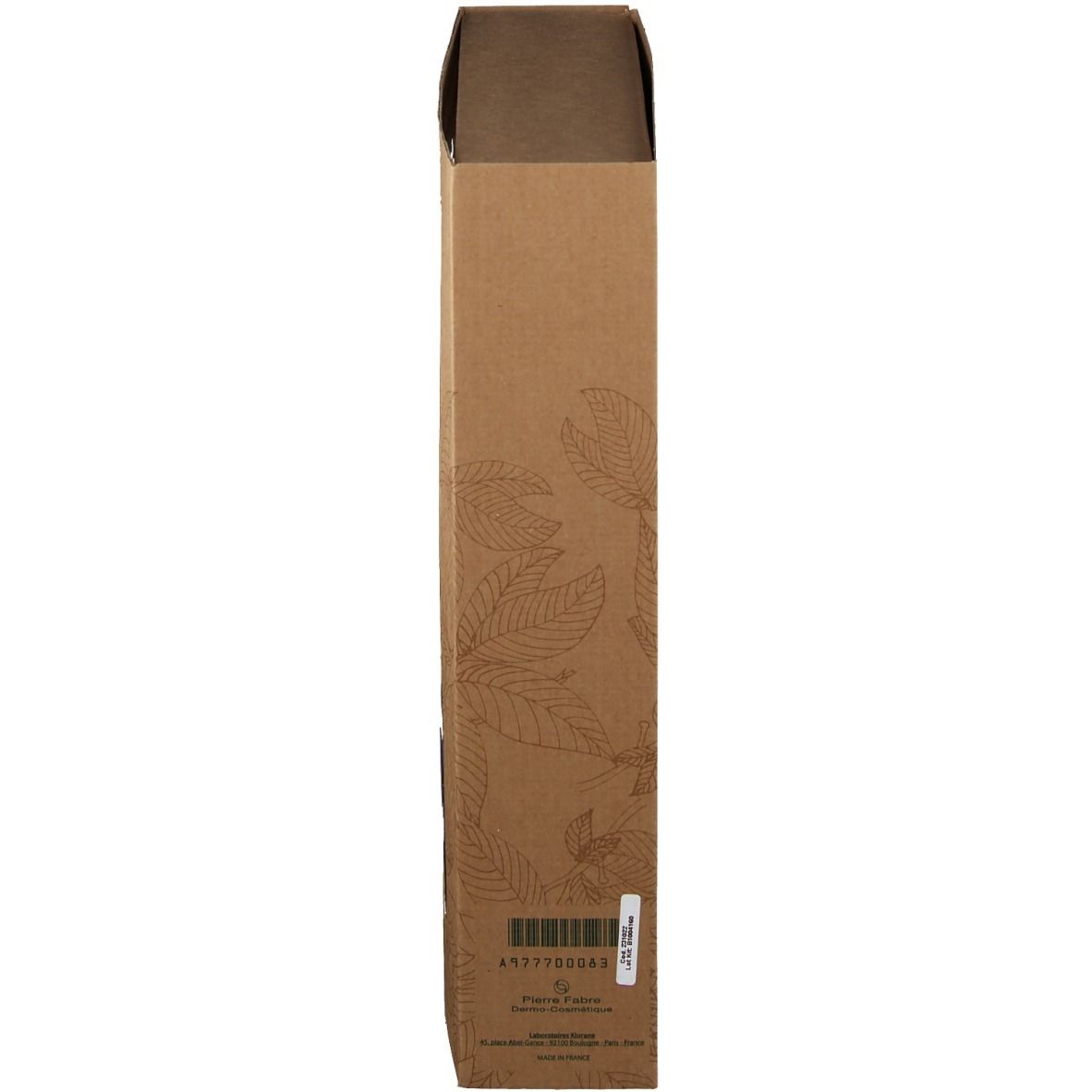 Seitenansicht der Produktverpackung. Brauner Karton mit Blättermuster. Barcode und Produktinformationen.