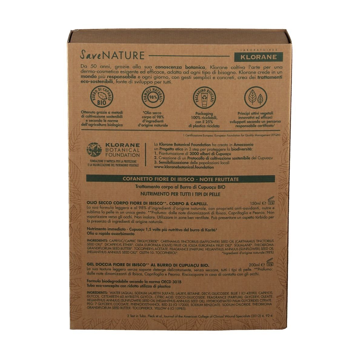 Rückseite der Produktverpackung. Brauner Karton mit Text und Logos. Informationen über Inhaltsstoffe und Zertifizierungen.