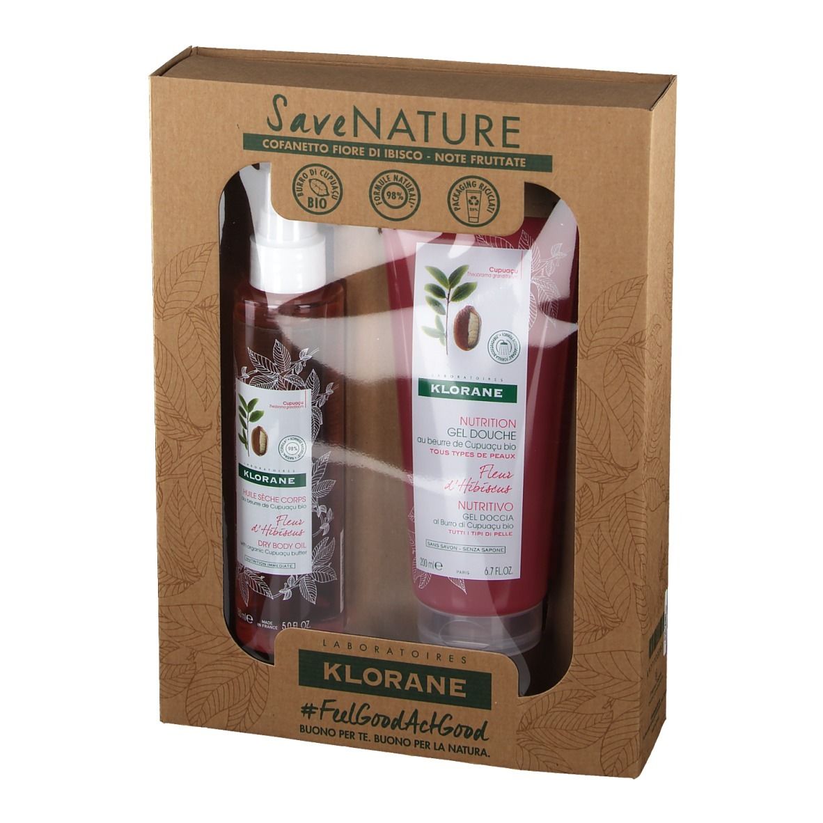 Geschenkset mit zwei Produkten: Duschgel und Körperspray. Beide in roten Tuben und Flaschen mit dem Logo.