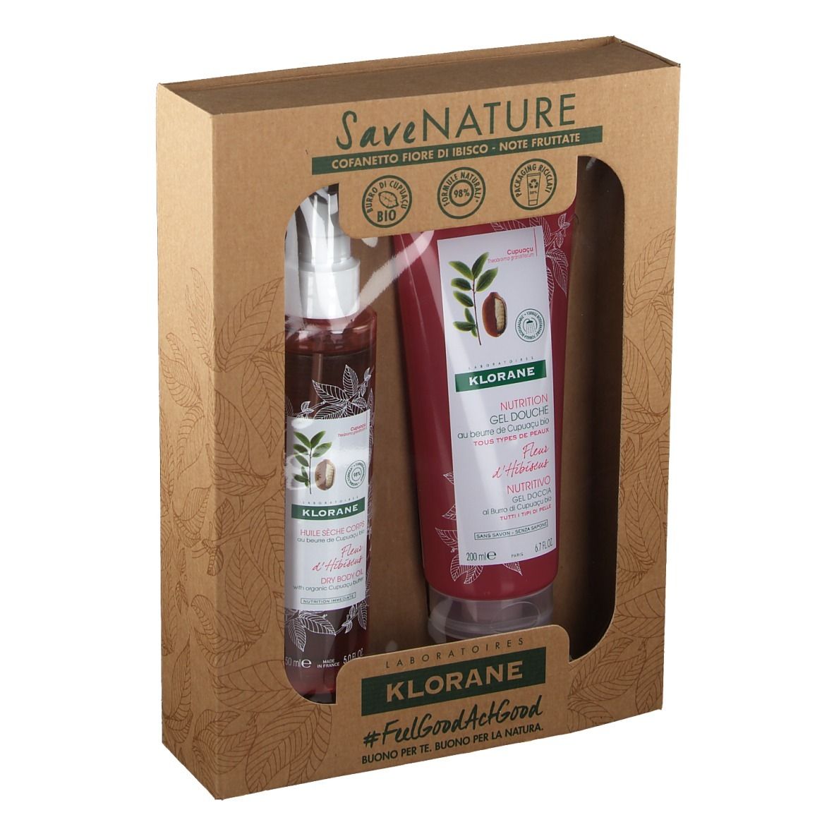 Geschenkset mit zwei Produkten: Duschgel und Körperspray. Beide in roten Tuben und Flaschen mit dem Logo.