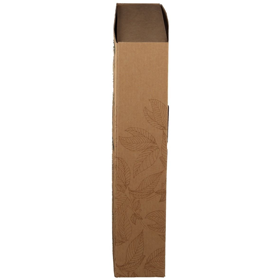 Seitenansicht der Produktverpackung. Brauner Karton mit Blättermuster. Barcode und Produktinformationen.