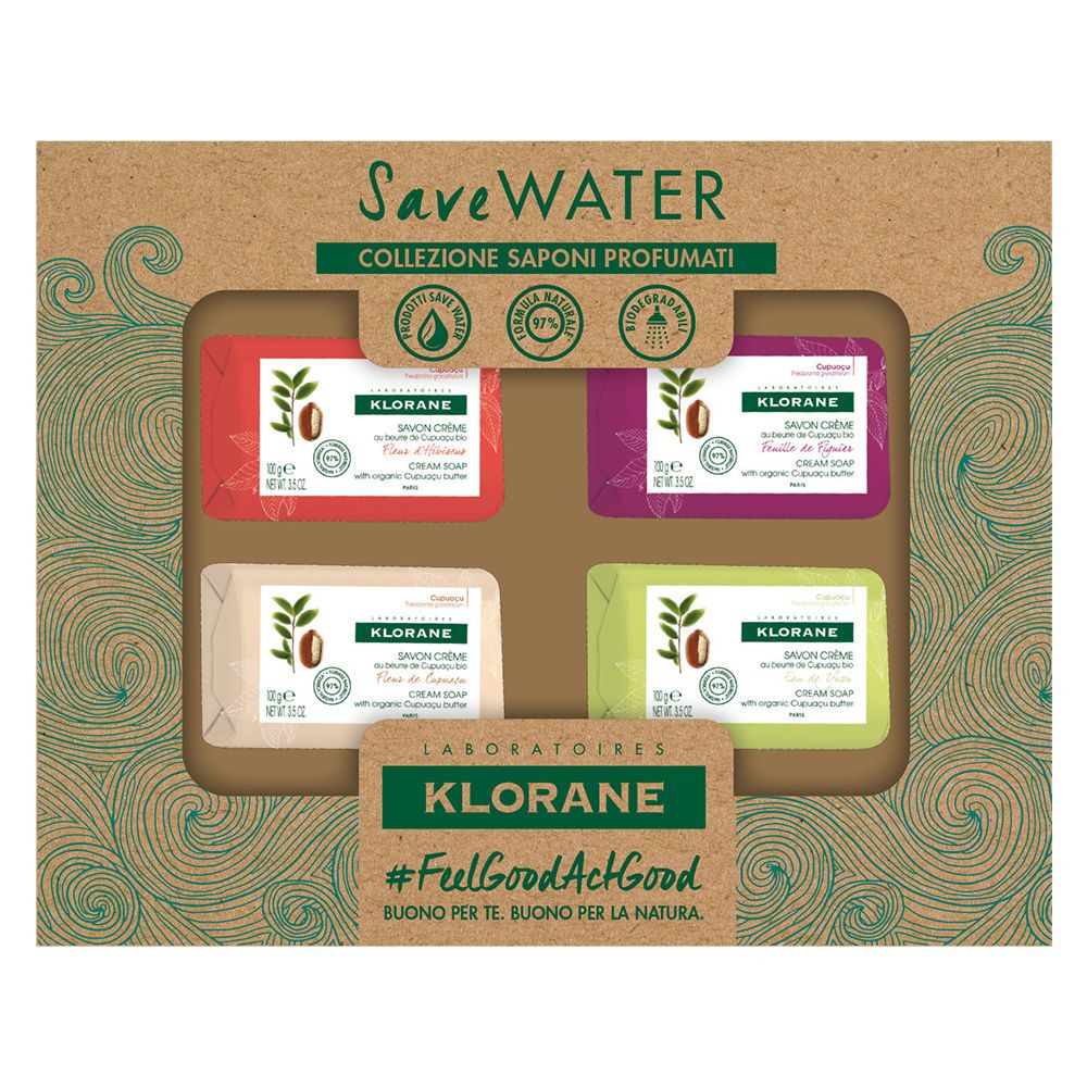 Geschenkbox mit vier KLORANE Seifen. Jede Seife hat eine andere Farbe und Aufschrift. Die Box hat ein Sichtfenster.