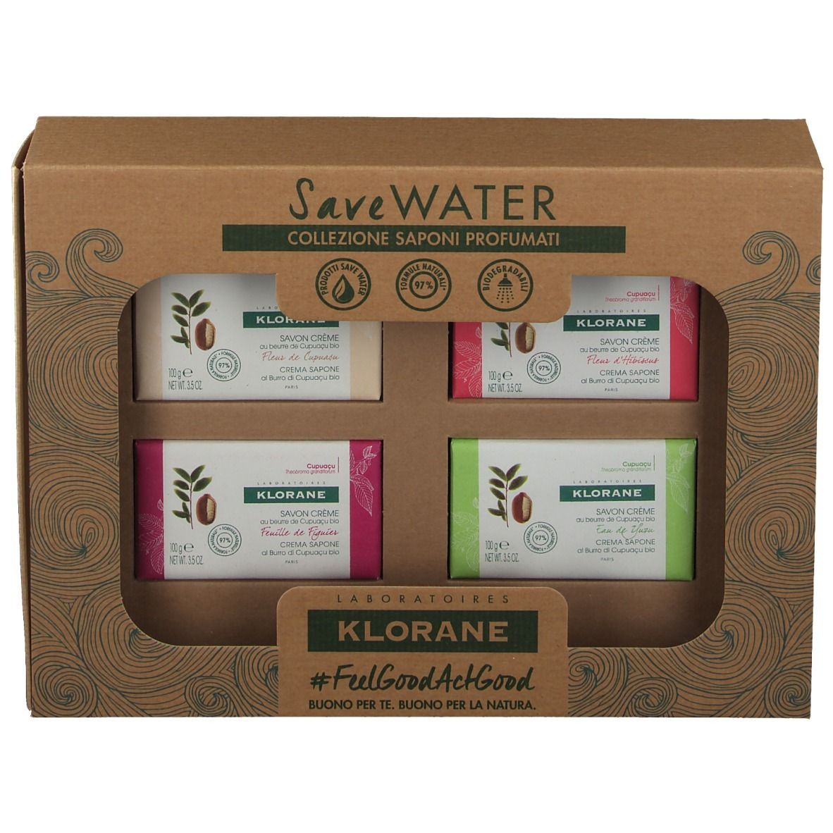 Geschenkbox mit vier KLORANE Seifen. Jede Seife hat eine andere Farbe und Aufschrift. Die Box hat ein Sichtfenster.