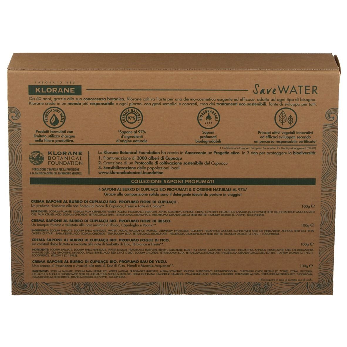 Rückseite der KLORANE Seifen-Geschenkbox. Text in mehreren Sprachen, Logos und Informationen über das Produkt.