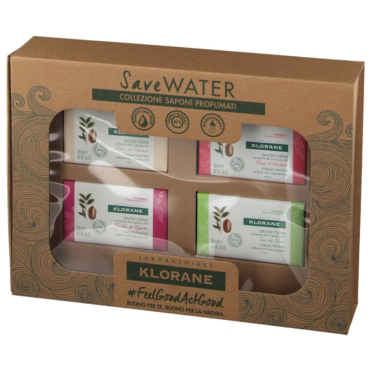 Geschenkbox mit vier KLORANE Seifen. Jede Seife hat eine andere Farbe und Aufschrift. Die Box hat ein Sichtfenster.