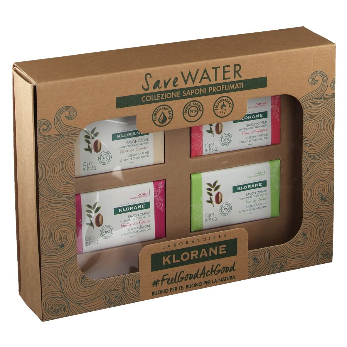 Geschenkbox mit vier KLORANE Seifen. Jede Seife hat eine andere Farbe und Aufschrift. Die Box hat ein Sichtfenster.